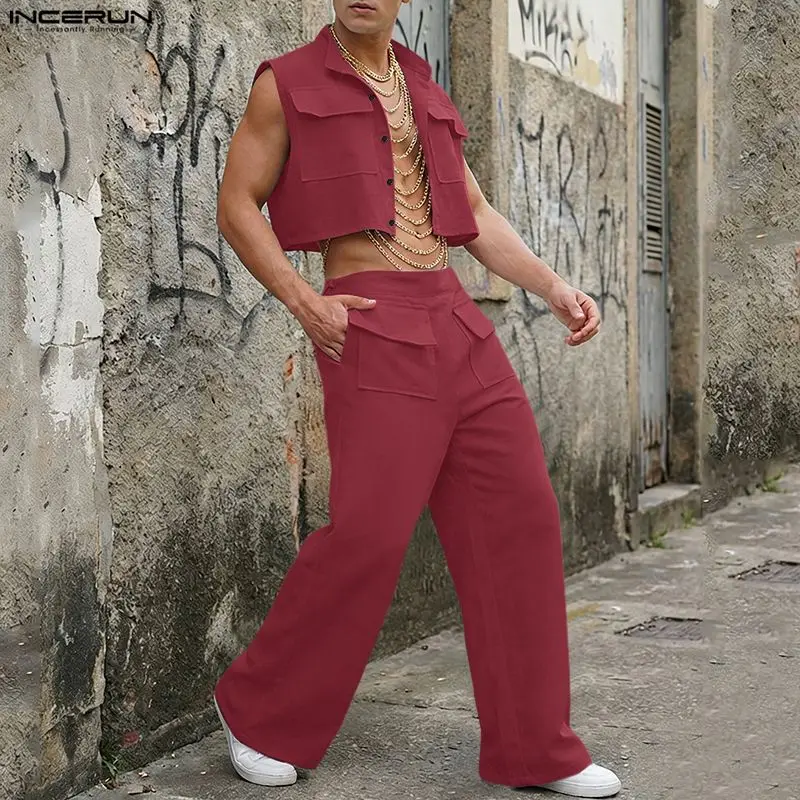 Street Fashion Male - INCERUN Men Sets Solid Sleeveless Crop