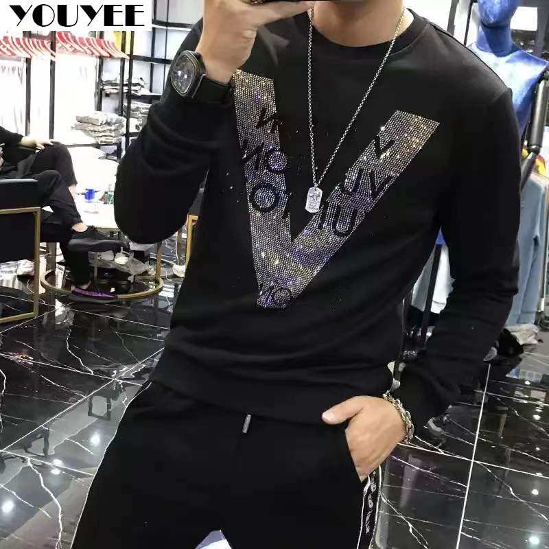 Street Fashion Elements - Men's Hoodies Quality V-shaped Pattern Rhinestone
