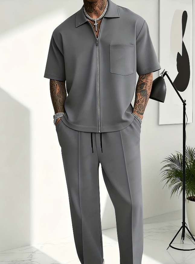 Men 2 Piece Outfits Half Zip P - Street Fashion Male 评论和价格